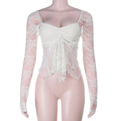 Sexy Backless Lace Long Sleeve Top For Women Apricot - Shop at LoveMi
