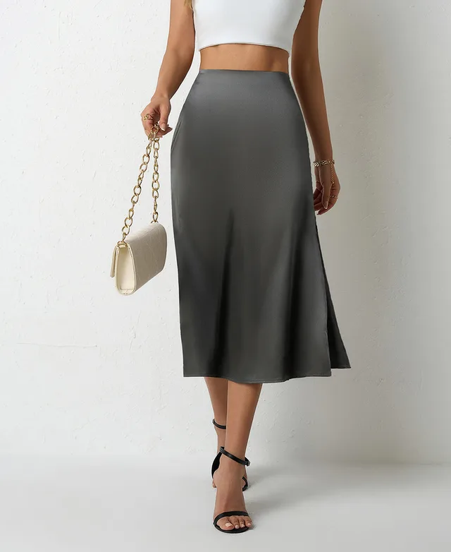Popular Satin Midi Summer Long Slit Office Skirt Gray - Shop at LoveMi