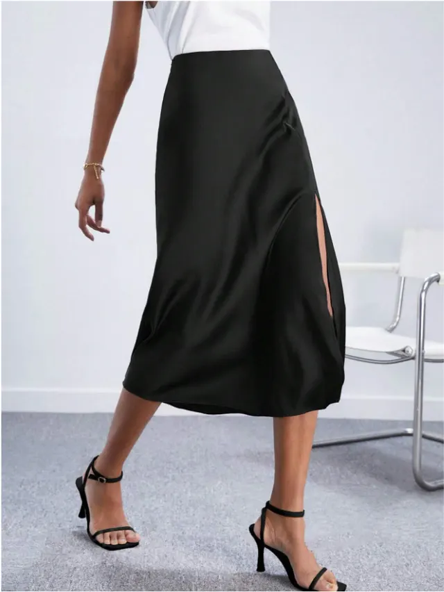 High waist Satin Skirt, Slit Long Skirt, Satin Midi Skirt, Spring New Style Black - Shop at LoveMi