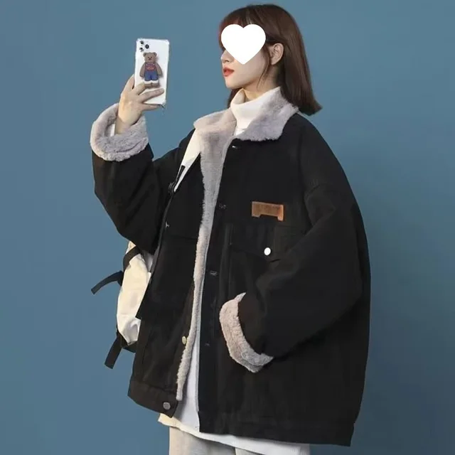 Style Denim Cotton Jacket With Lamb Fur For Women Black - Shop at LoveMi