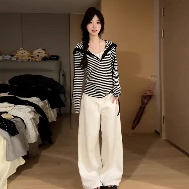 Korean style Premium Striped Hooded Long Sleeve Black And White Stripes - Shop at LoveMi