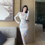 New Socialite Mesh V-neck Pleated Slit Waist Pencil Skirt - Color