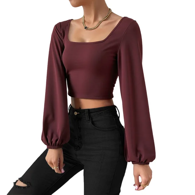 Long sleeved Retro Lantern Sleeve Slim fitting Base Shirt Wine Red - Shop at LoveMi