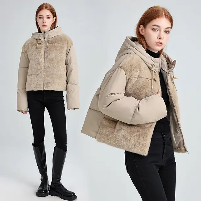 High waisted Feather Down Plush Short Jacket Khaki - Shop at LoveMi