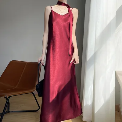 V neck Camisole Dress Women Sexy Sleeveless Solid Color Inner Wear Red - Shop at LoveMi