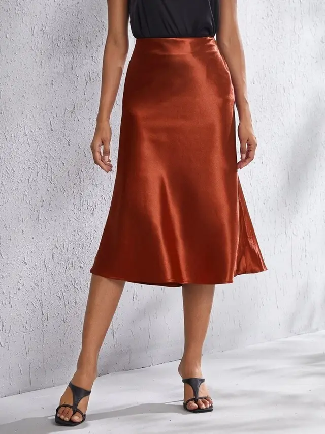 High waist Satin Midi Skirt Spring Summer Women Brown - Shop at LoveMi
