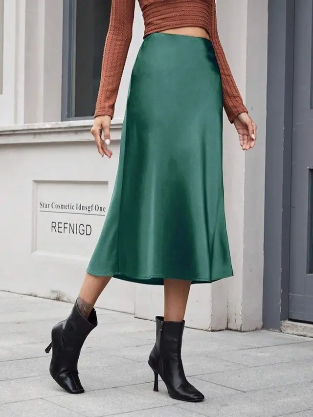 High waist Satin Midi Skirt Spring Summer Women Dark Green - Shop at LoveMi