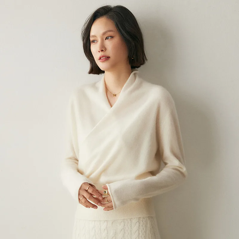 Women's Solid Color V Neck Cross Cashmere Sweater Top White - Shop at LoveMi