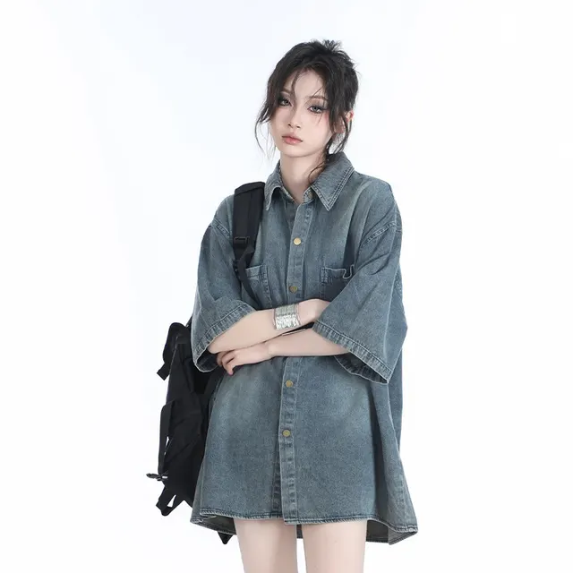 American Retro Heavy Wash Denim Short Sleeve Blue - Shop at LoveMi