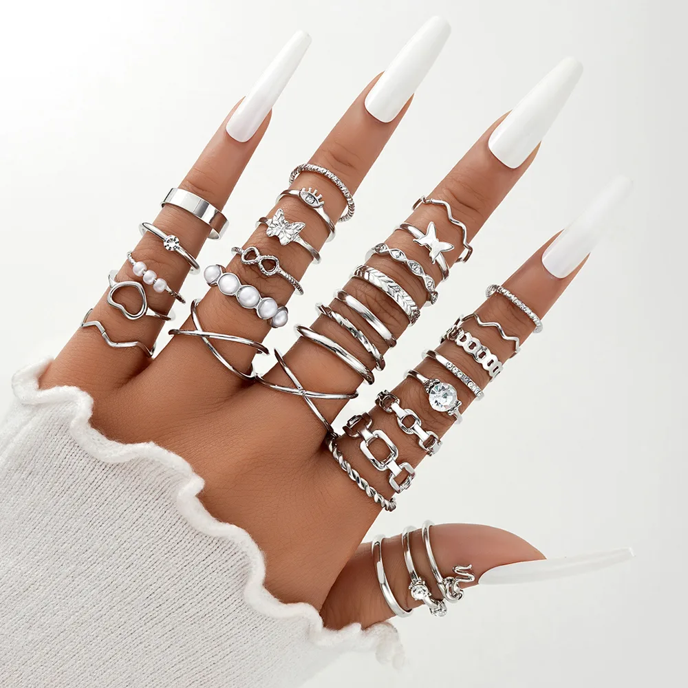 European And American Style Creative Personalized Snake shaped Butterfly Pearl Ring 30 piece Set 5964102Hb Silver - Shop at LoveMi