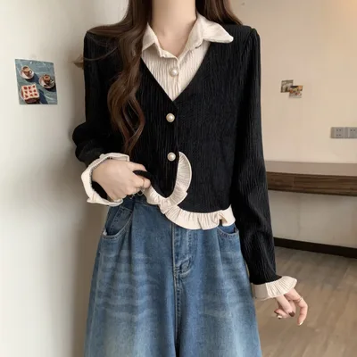 Fashion Fake Two piece Long sleeved Shirt Stylish Slimming Casual And Versatile Top Black - Shop at LoveMi