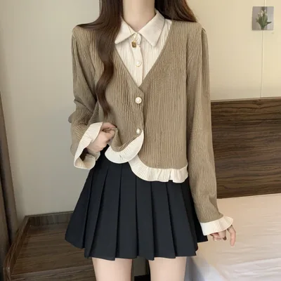 Fashion Fake Two piece Long sleeved Shirt Stylish Slimming Casual And Versatile Top Khaki - Shop at LoveMi