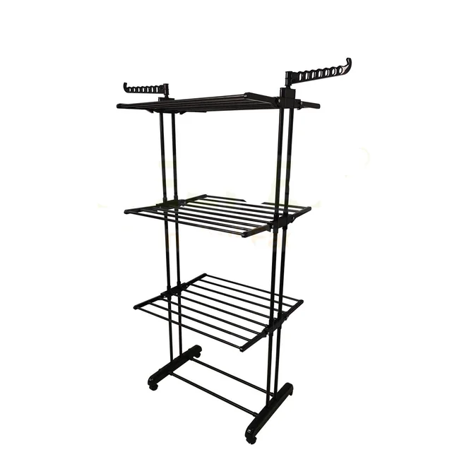 Multi functional Three tier Floor Clothes Rack Movable All Black - Shop at LoveMi