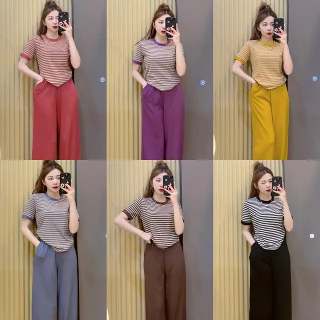 Casual Striped Top With Wide leg Pants Two piece Set Blue - Shop at LoveMi