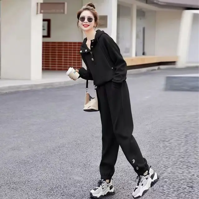Women's Fashion Loose Hooded Sweatshirt With Pants Black - Shop at LoveMi