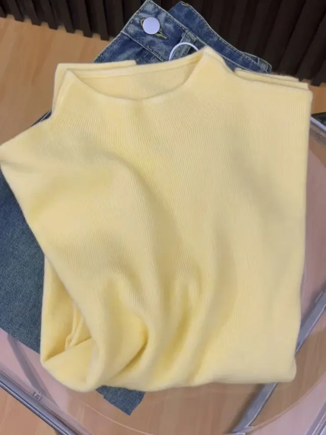 High neck Knit Casual Women's Base Shirt Light Yellow - Shop at LoveMi