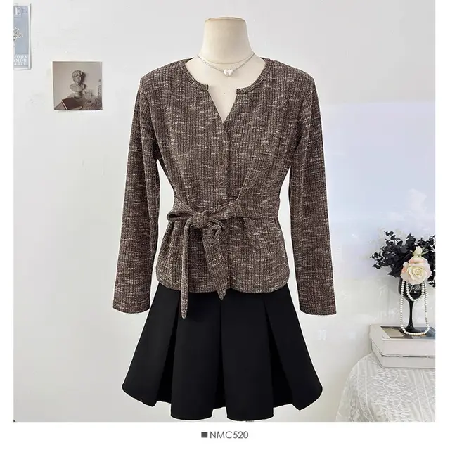 Korean style Design Color blocked Small V neck Long sleeve Knit Sweater Coffee - Shop at LoveMi