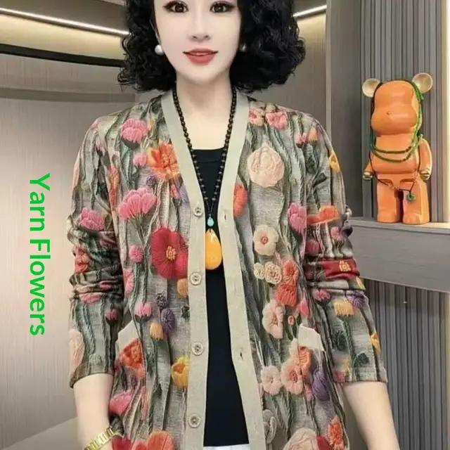 Autumn New Fashion Color block Printed Long sleeve Elegant Coat Wool Flowers - Shop at LoveMi