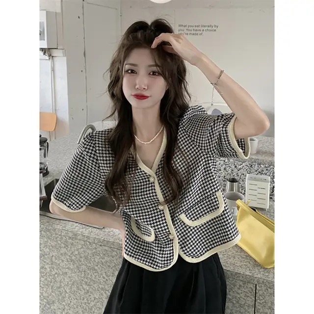 Chanel style Shirt Jacket For Women, Summer V neck Houndstooth Black - Shop at LoveMi