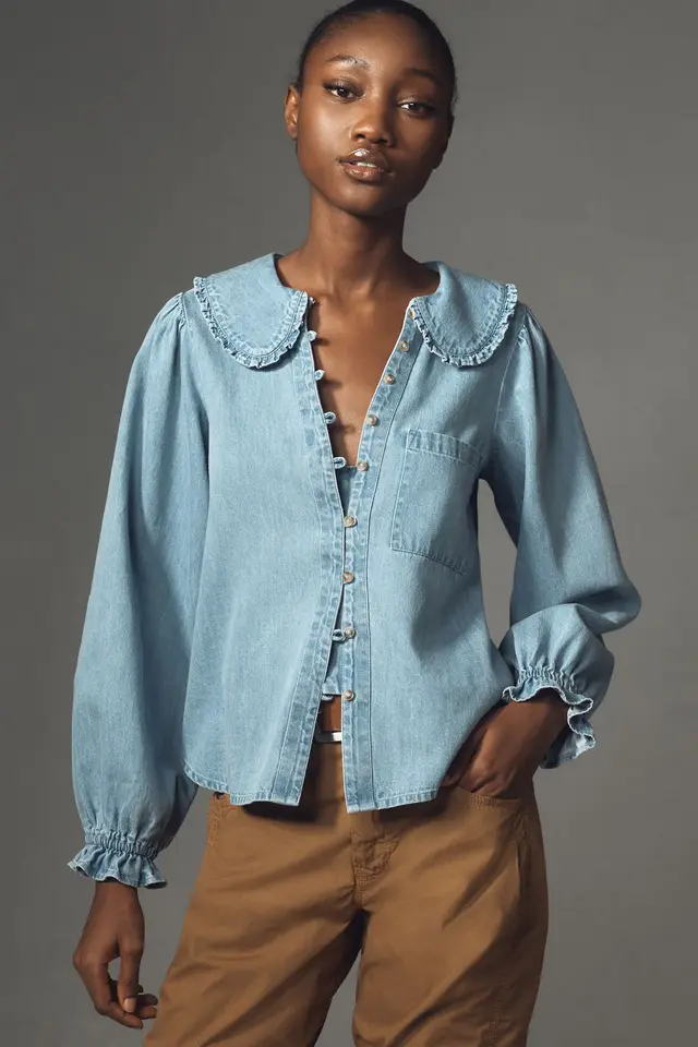 Casual Retro Lightweight Denim Long Sleeve Shirt Blue - Shop at LoveMi