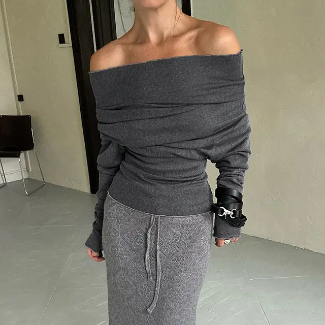 Swing Collar Long Sleeve Elegant Slim fit T shirt Top Dark Gray - Shop at LoveMi