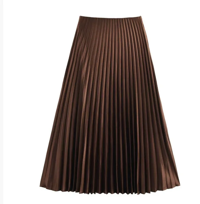 Fashionable High waisted Pleated Midi Skirt Dark Brown - Shop at LoveMi