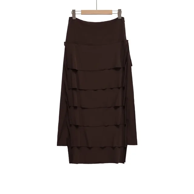 Temperament Slim fit Midi Skirt With Layered Decoration Brown - Shop at LoveMi