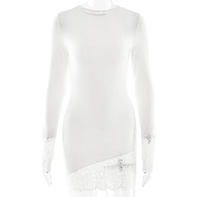 Knitted Solid Color Sexy Temperament Lace Trim Slim Dress White - Shop at LoveMi