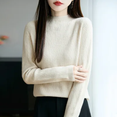 Women's Loose fitting Mid neck Sweater Long Sleeve Base Beige - Shop at LoveMi