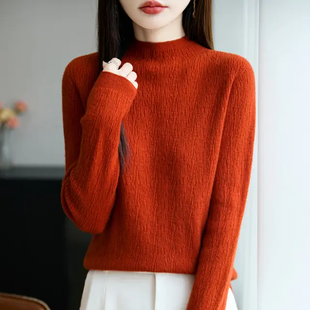 Women's Loose fitting Mid neck Sweater Long Sleeve Base Pumpkin Orange - Shop at LoveMi