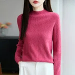 Women's Loose-fitting Mid-neck Sweater Long Sleeve Base - Raspberry Color