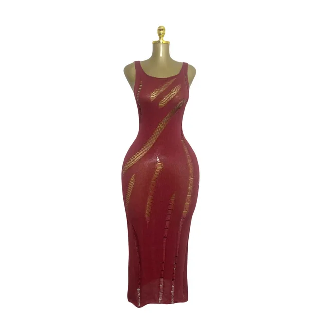 Summer Women's Sexy Hollow Knit Beach Dress Wine Red - Shop at LoveMi