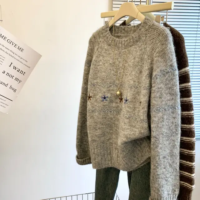 Women's Floral Embroidered Pullover Sweater Loose Lazy Style Light Gray - Shop at LoveMi