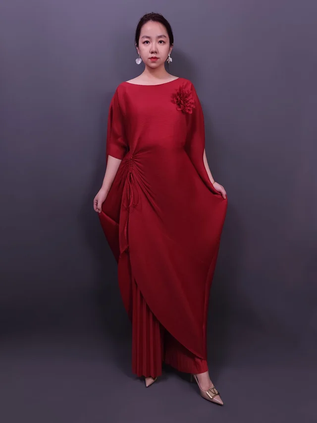 Solid Color Bat Sleeve Loose Drawstring Fashion Slimming Wine Red - Shop at LoveMi