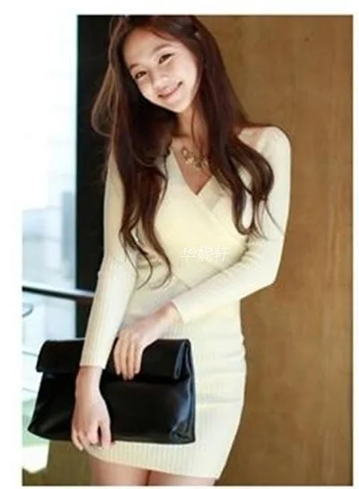 Autumn And Winter New Sexy Cross Low cut V neck Knitted Dress White - Shop at LoveMi