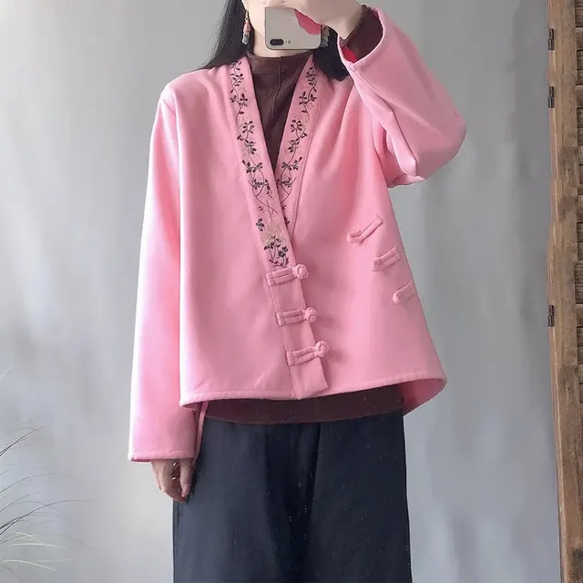 Artistic Retro V neck Button up Cardigan For Women Pink - Shop at LoveMi
