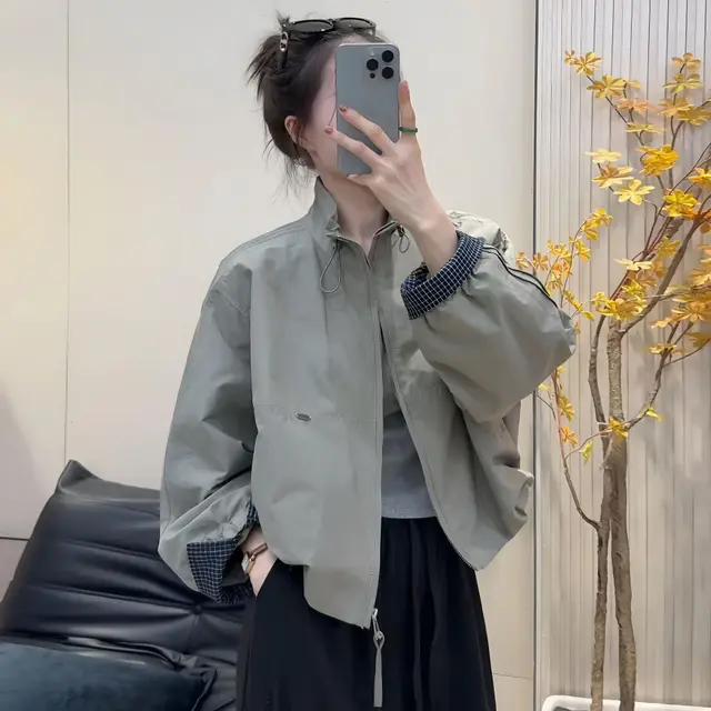 Korean style Women's Jacket Autumn New Stand collar Windbreaker Casual Khaki Green - Shop at LoveMi