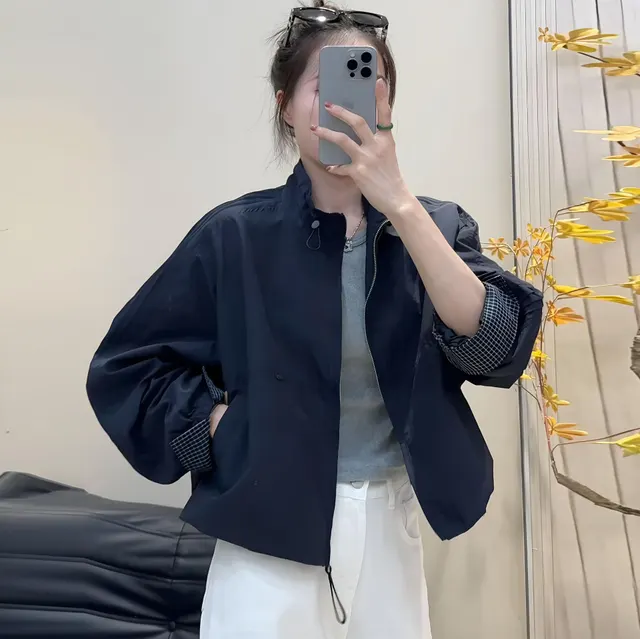 Korean style Women's Jacket Autumn New Stand collar Windbreaker Casual Navy Blue - Shop at LoveMi
