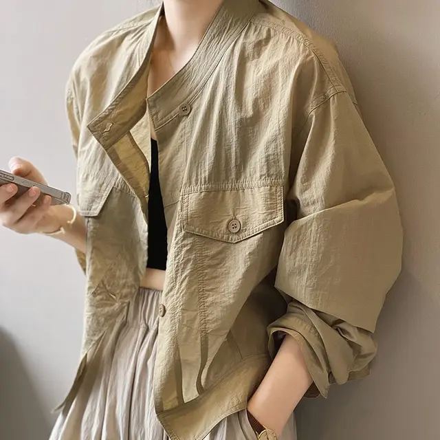 Autumn New Korean Version Loose Cardigan Short Thin Breathable Top Khaki - Shop at LoveMi