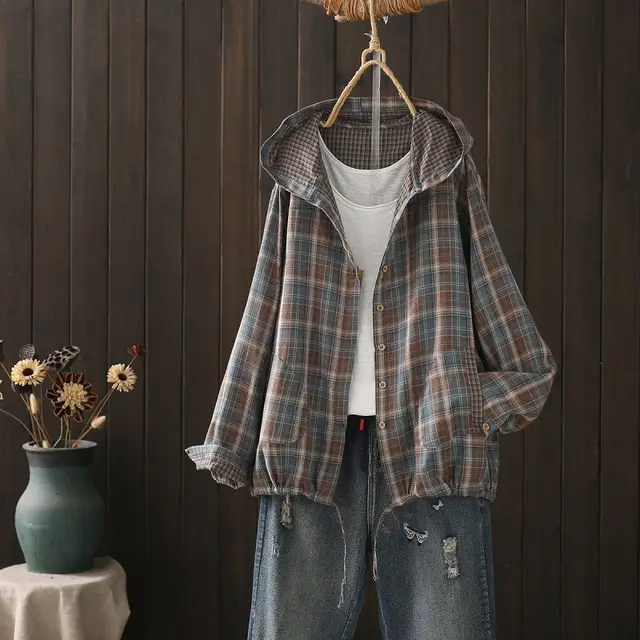 Bohemian style Checkered Hooded Single breasted Long sleeve Shirt For Women Blue Plaid - Shop at LoveMi