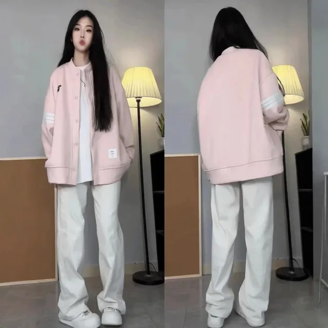 Preppy Style Three stripe Casual Loose Cardigan For Women In Spring And Autumn Pink - Shop at LoveMi