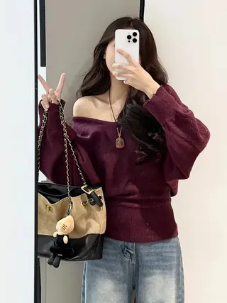 Lazy Style V-neck Batwing Sleeve Knitwear Women's Autumn And Winter - Red