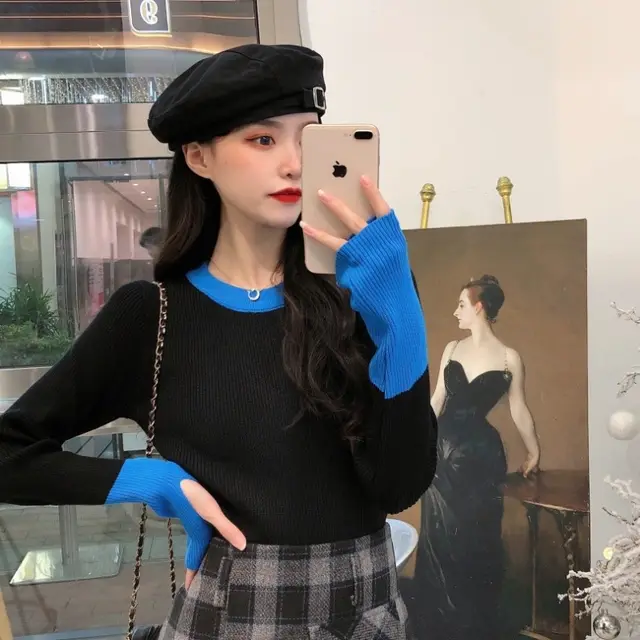 Women's Round neck Sweater With Design Sense And Finger loop Undershirt Black - Shop at LoveMi