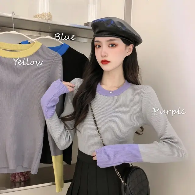 Women's Round neck Sweater With Design Sense And Finger loop Undershirt Yellow - Shop at LoveMi