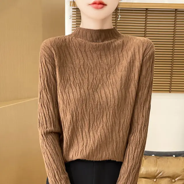Knitted Jacquard Long sleeved Sweater For Women As Base Layer Maillard Color - Shop at LoveMi