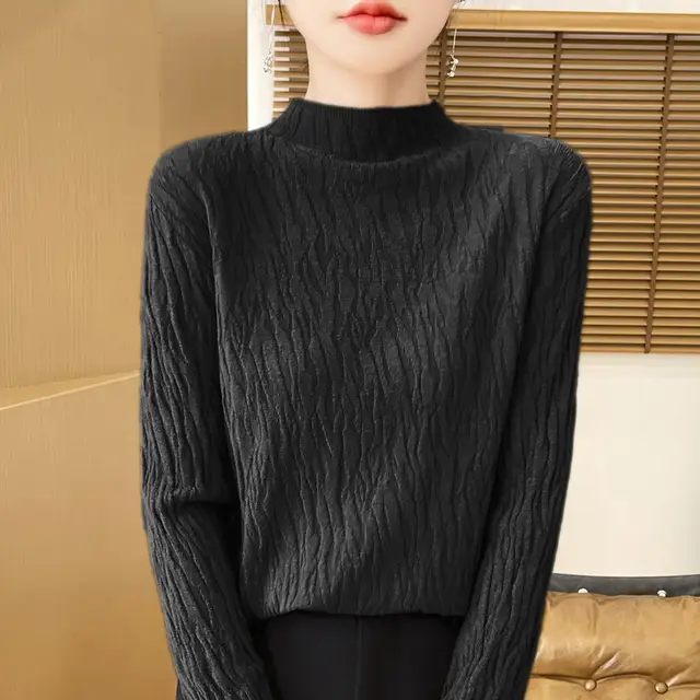 Knitted Jacquard Long sleeved Sweater For Women As Base Layer Obsidian Black - Shop at LoveMi