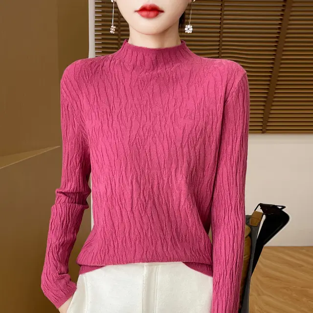 Knitted Jacquard Long sleeved Sweater For Women As Base Layer Raspberry Color - Shop at LoveMi