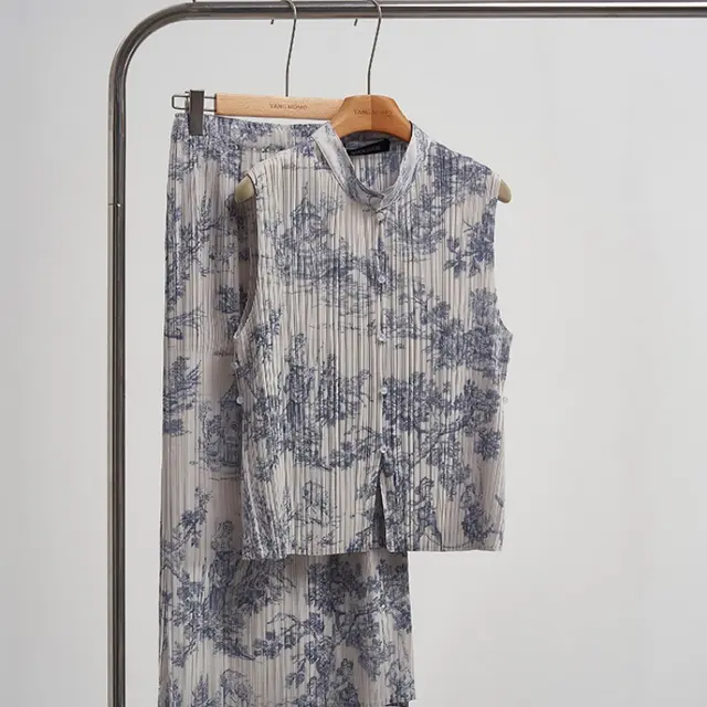 New Chinese style National Wind Pleated Jacquard Vest Shirt And Skirt Set Suit - Shop at LoveMi