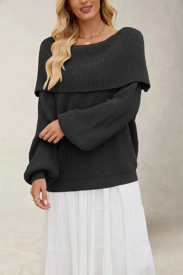 Women's Loose Knit Sweater With Boat Neck Black - Shop at LoveMi