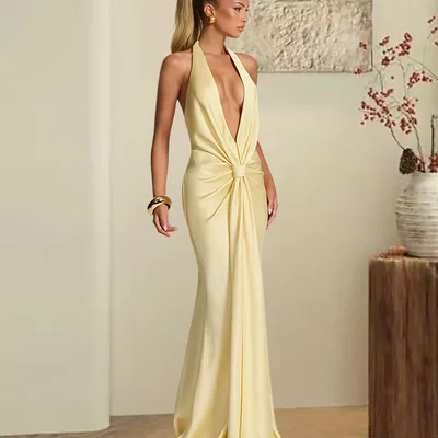 Deep V neck Halter Fishtail Dress With Waist Twist Design Yellow - Shop at LoveMi
